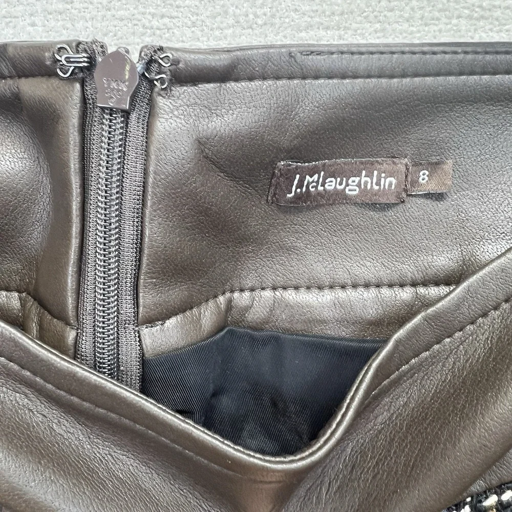 J.McLaughlin Pencil Skirt Womens 8 Brown Tweed Faux Leather Trim Back Vent‎